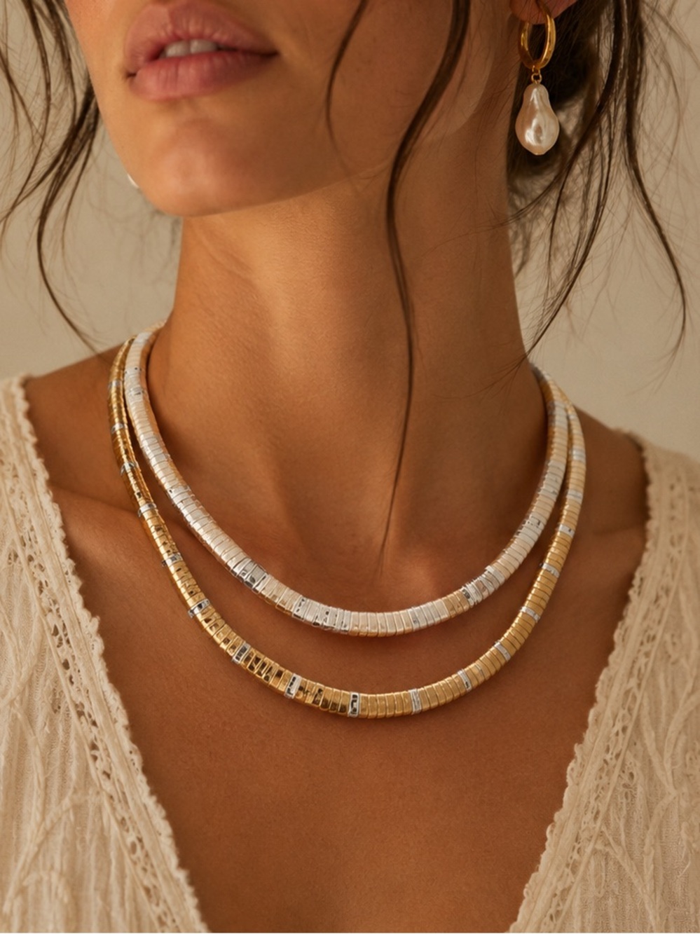 New Gold and Silver Mixed-Metal Disc Layered Necklaces